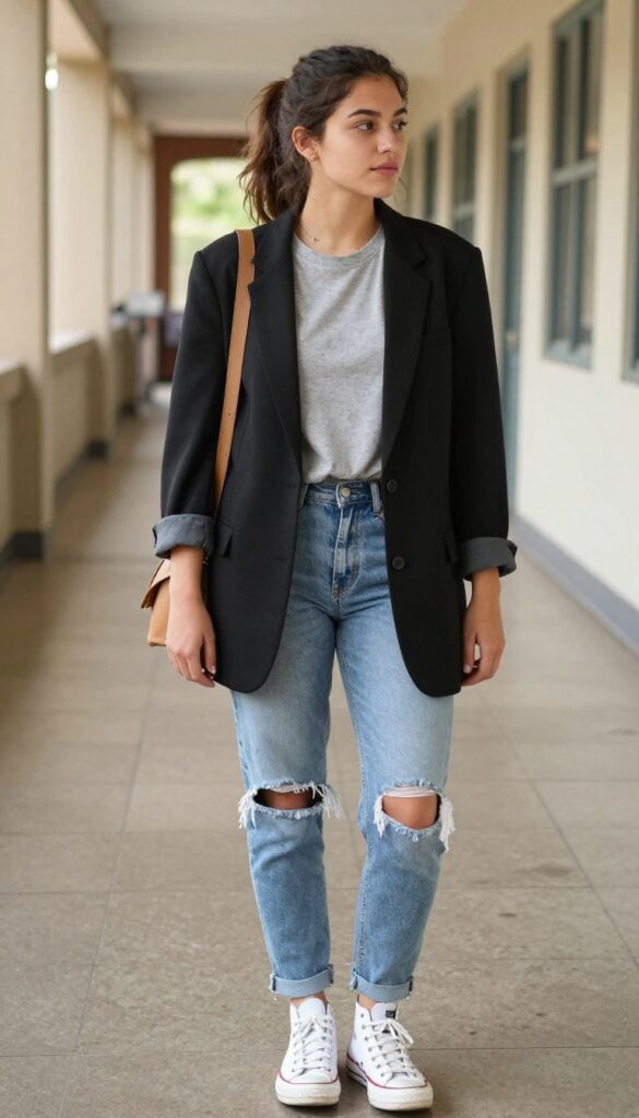 13. Blazer + Band Tee + Distressed Jeans + Converse