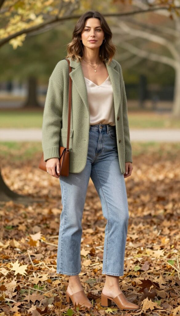 10. Knit Blazer + Silk Camisole + Cropped Flare Jeans