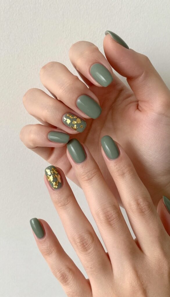 Matte olive green nails with gold foil accents on almond shape