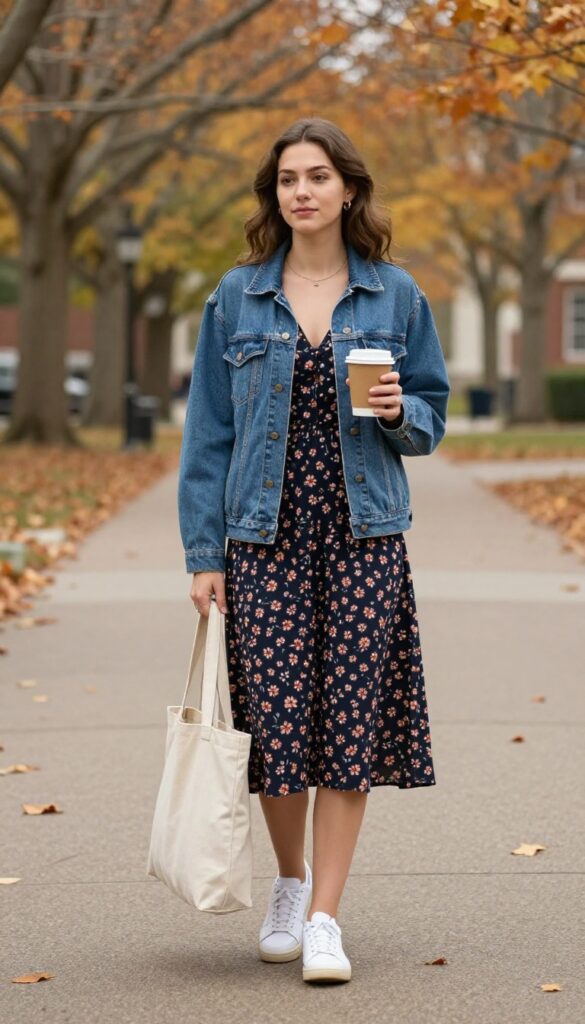 2. Denim Jacket over a Floral Midi Dress with White Sneakers