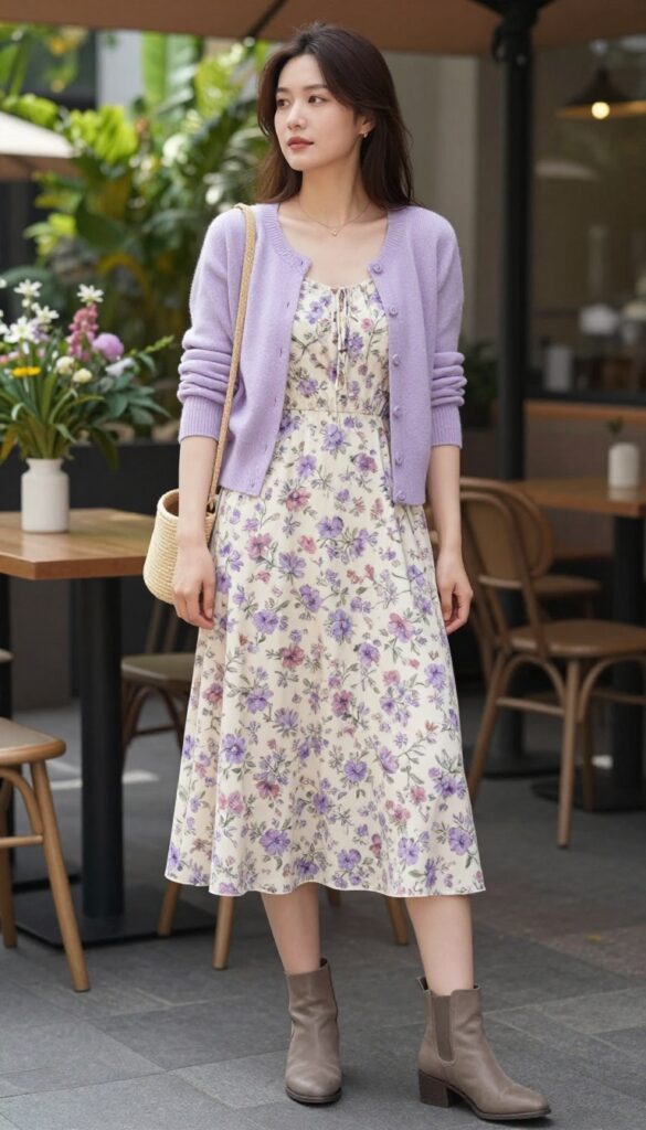 2. Lavender Cardigan over a Floral Midi Dress