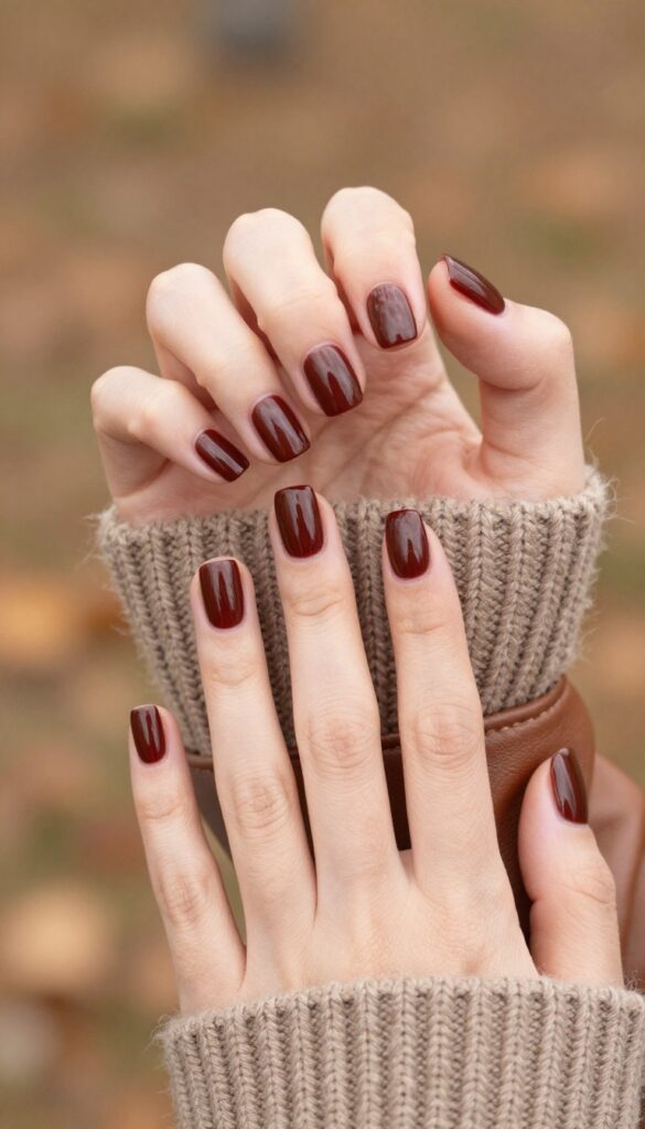 Woman's hands with square medium nails in chocolate cherry crème polish