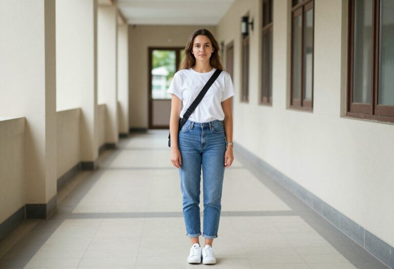 Young woman in white tee and blue jeans with sneakers and crossbody bag, standing in school hallway