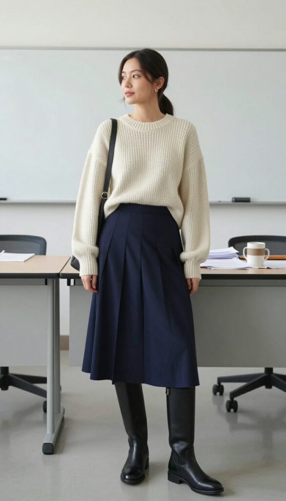 7. Chunky Sweater with Pleated Midi Skirt and Knee-High Boots