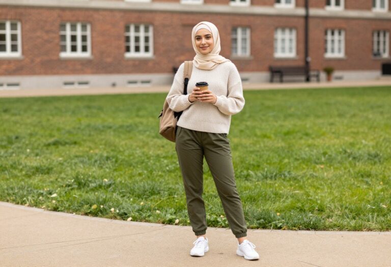 Hijabi college student in cream sweater and olive joggers on campus