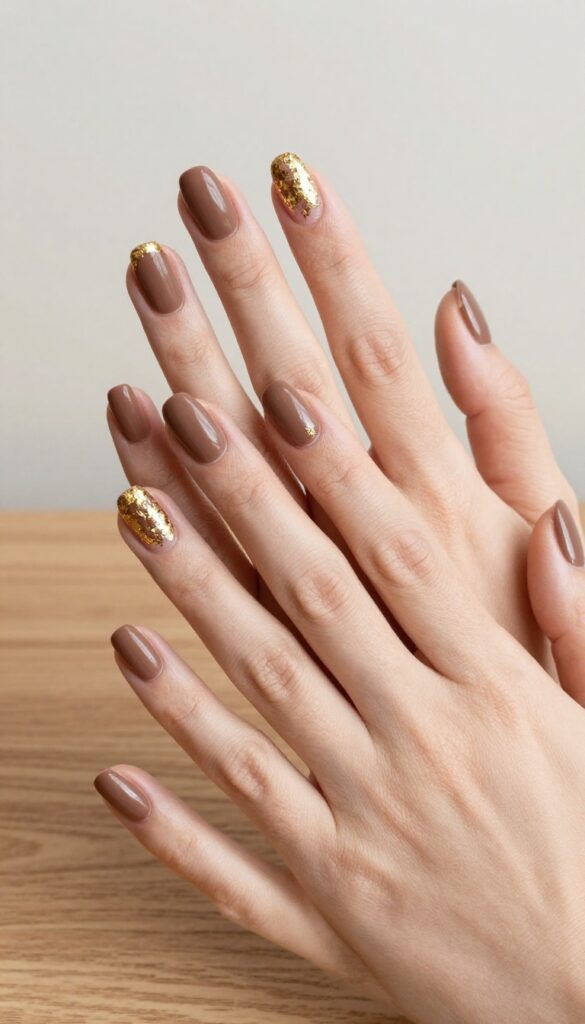 Matte brown nails with gold foil accents on short almond nails