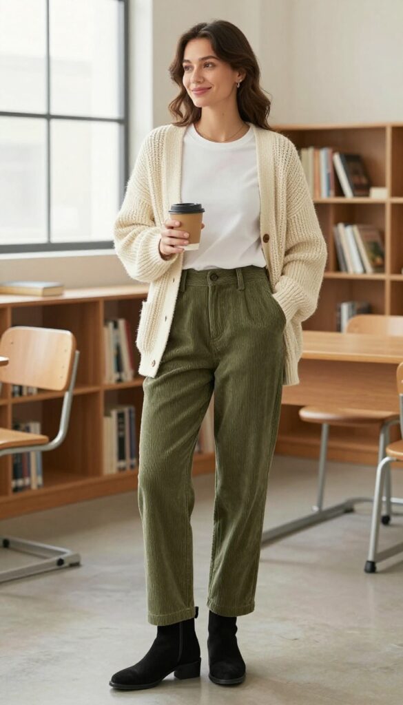 5. Corduroy Pants with a Cozy Cardigan and Ankle Boots