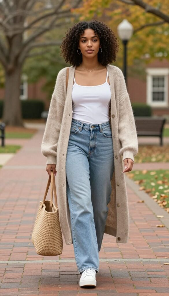 13. Cardigan & Wide-Leg Jeans