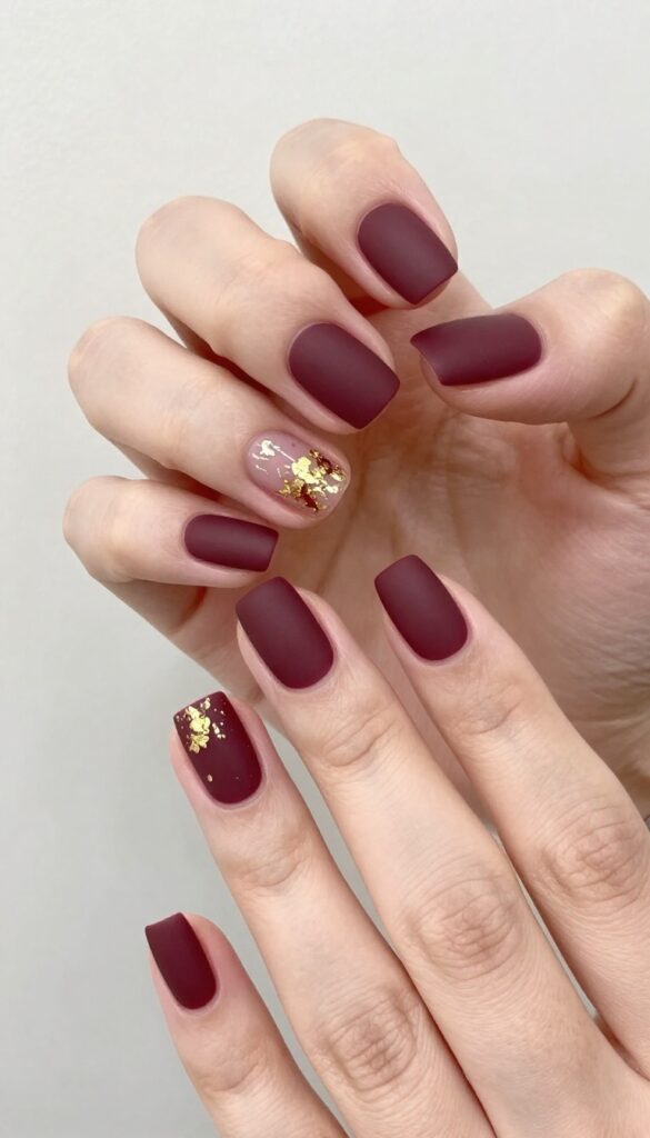 Short square matte merlot nails with gold foil accents