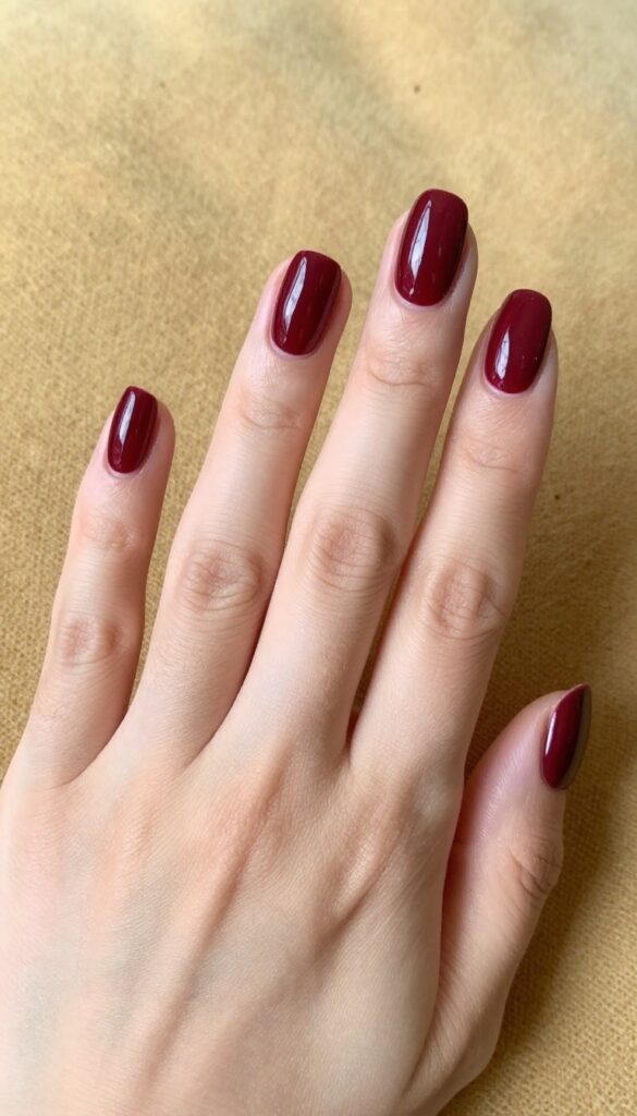 Deep burgundy almond nails with glossy finish