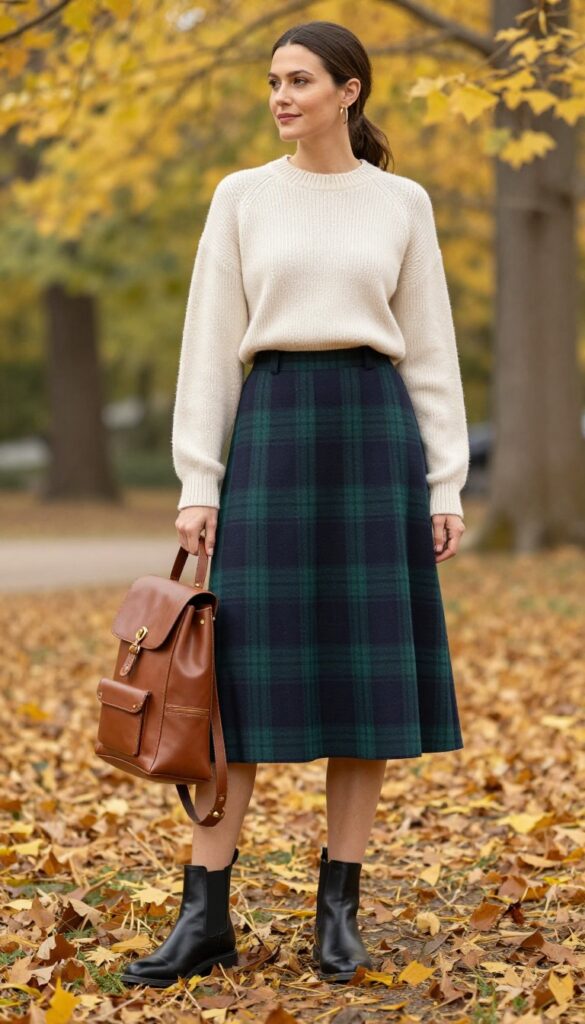 11. Sweater + Plaid Midi Skirt + Ankle Boots