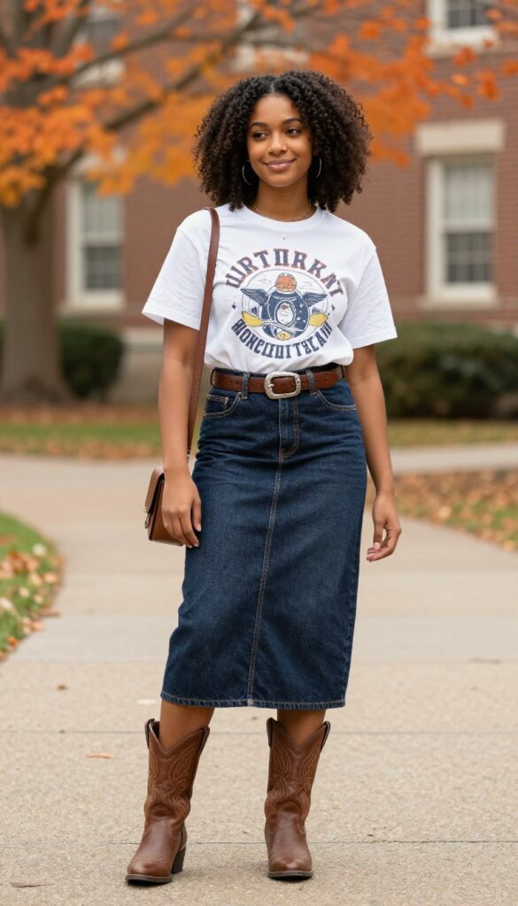 12. Denim Skirt + Graphic Tee + Belt + Cowboy Boots