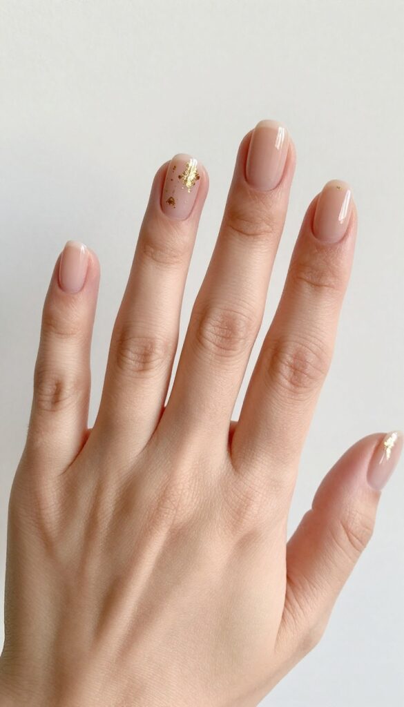 Sheer nude nails with delicate gold leaf flakes for a luxurious fall manicure