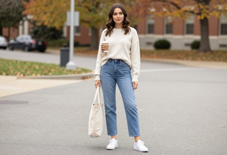 Young woman in cream sweater and jeans on college campus holding coffee