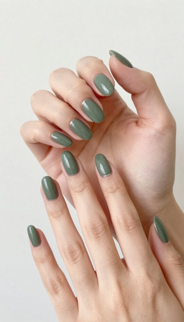 Matte olive green nails with silver chrome accent stripes on almond shape