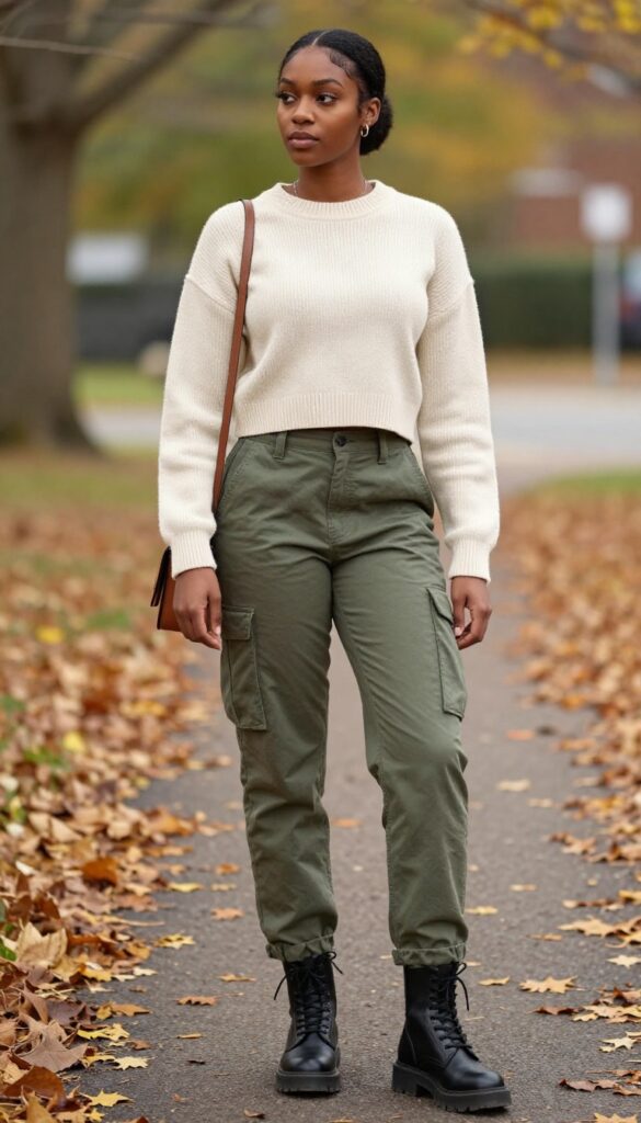 2. Crop Knit Sweater + High-Waisted Cargo Pants + Combat Boots