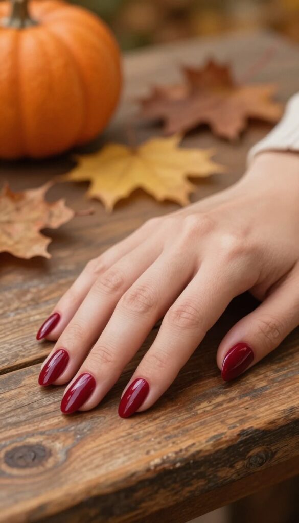 Cranberry wine stained nails with glossy finish on almond-shaped nails in autumn setting