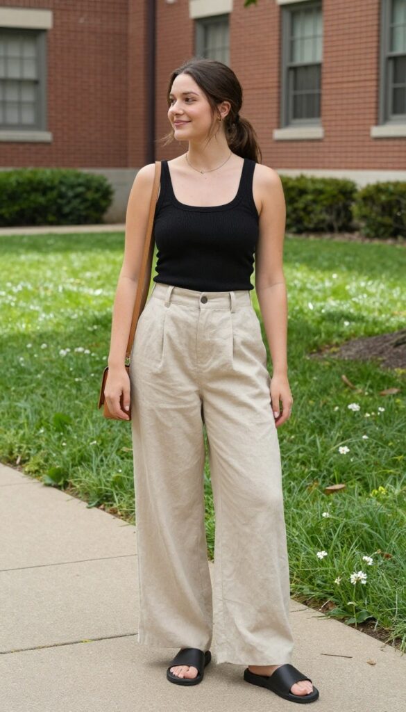 3. Knit Tank Top + Wide-Leg Linen Pants + Slide Sandals