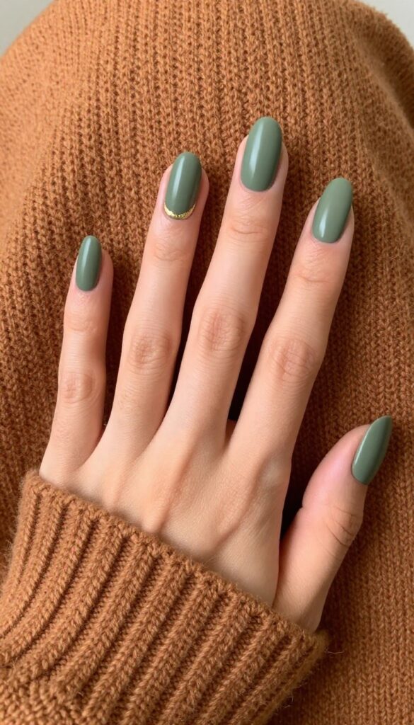 Matte olive green nails with gold leaf accent on ring finger