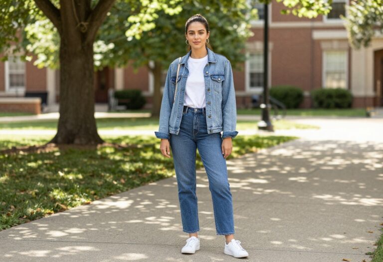 Young woman in denim jacket, white tee, jeans, and sneakers on a sunny campus