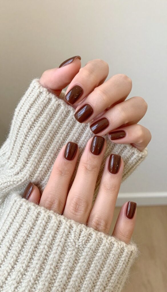 Short square nails with glossy chocolate brown polish on a cozy sweater