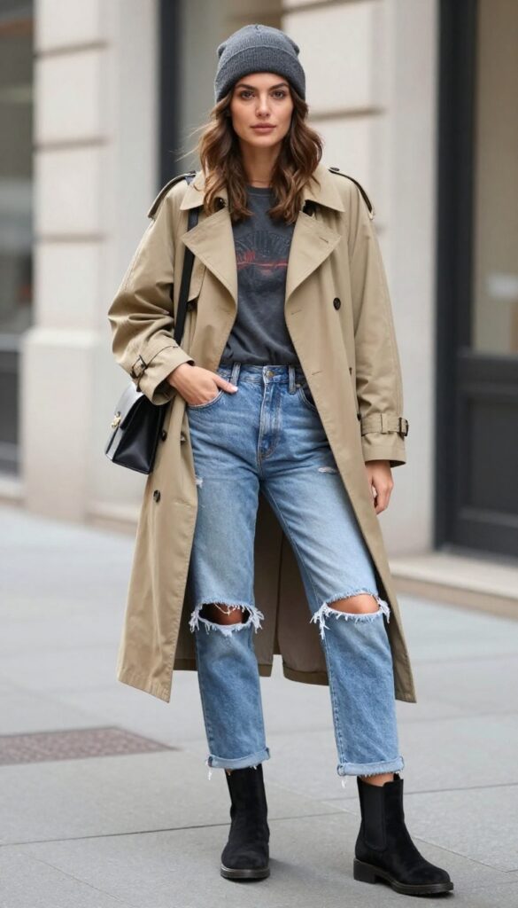 13. Trench Coat + Graphic Tee + Ripped Jeans + Chelsea Boots