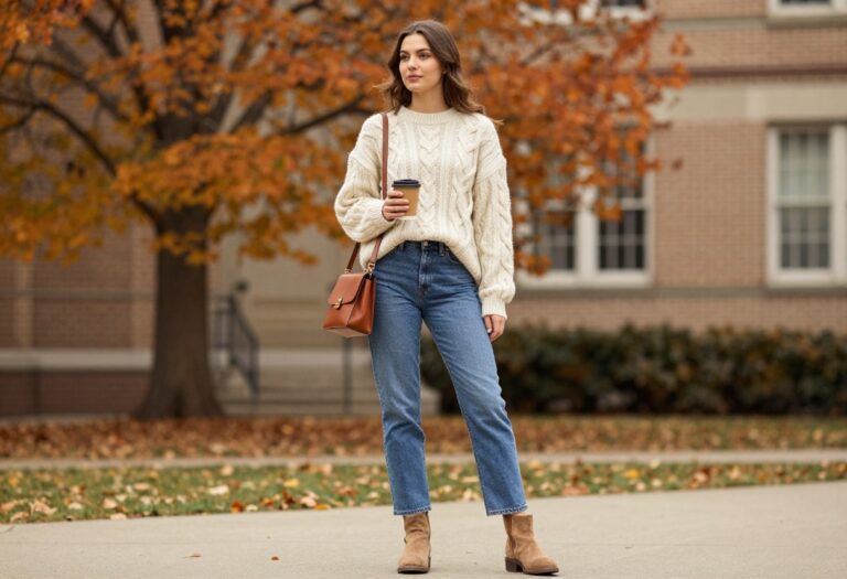 Young woman in cozy sweater and jeans on campus with autumn leaves