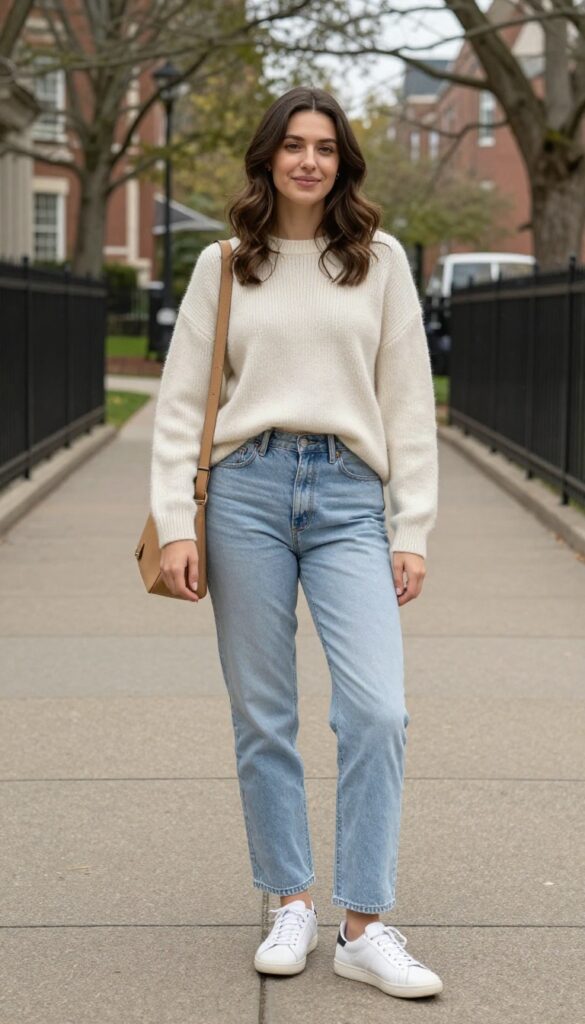 1. Cream Knit Sweater and Light Wash Jeans
