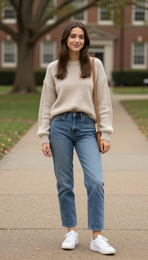 1. Soft Knit Sweater with Straight-Leg Jeans