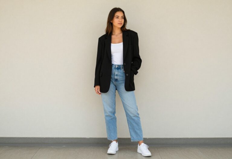 Young woman in oversized blazer, tank top, baggy jeans, and chunky sneakers posing in a school hallway.