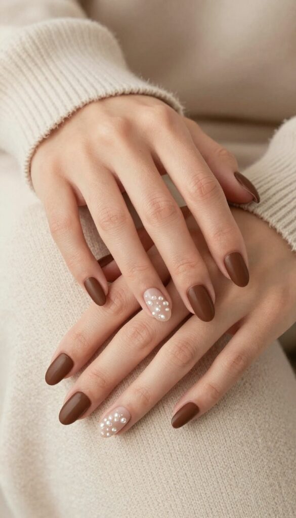 Chocolate velvet almond nails with matte brown and pearl accent