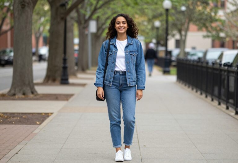 College student in denim jacket and jeans smiling on campus