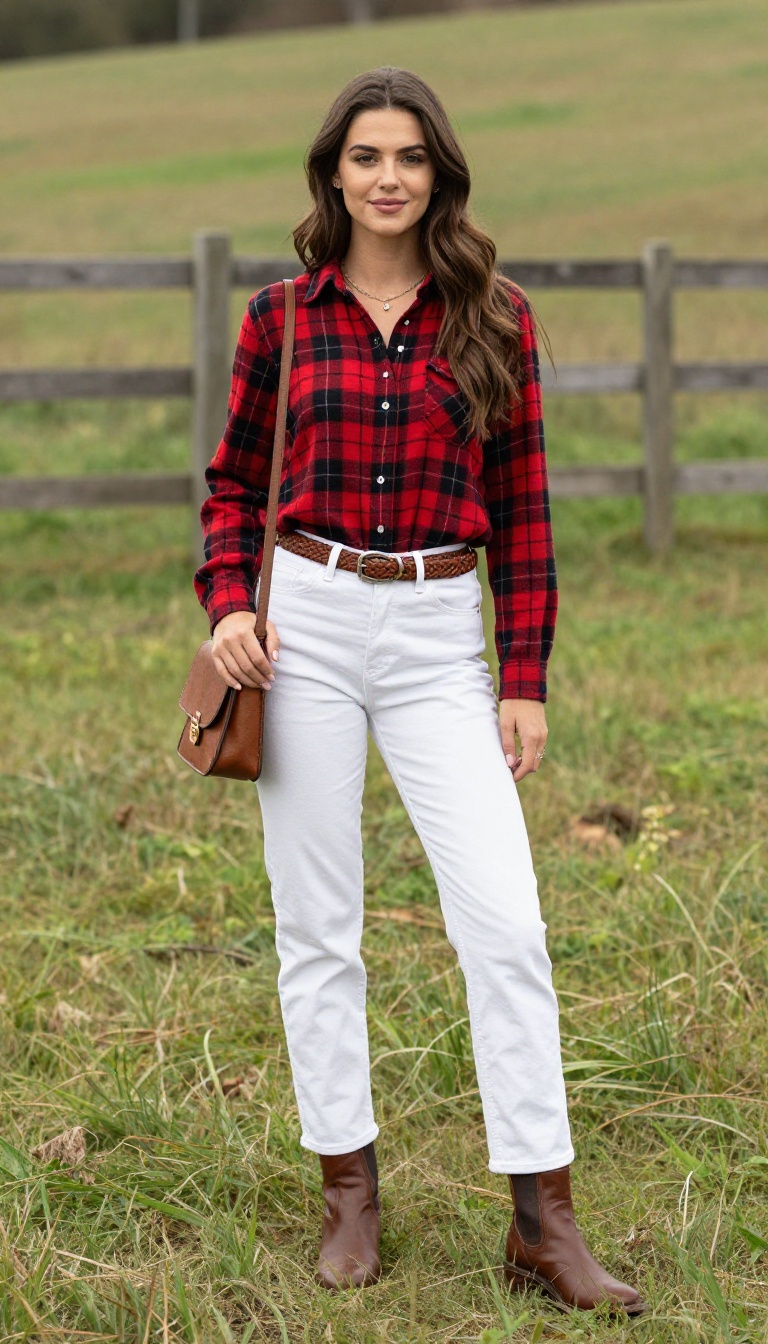 6. Plaid Button-Down with White Jeans