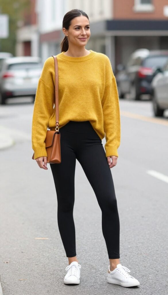 11. Pop of Color: Bright Sweater and White Sneakers