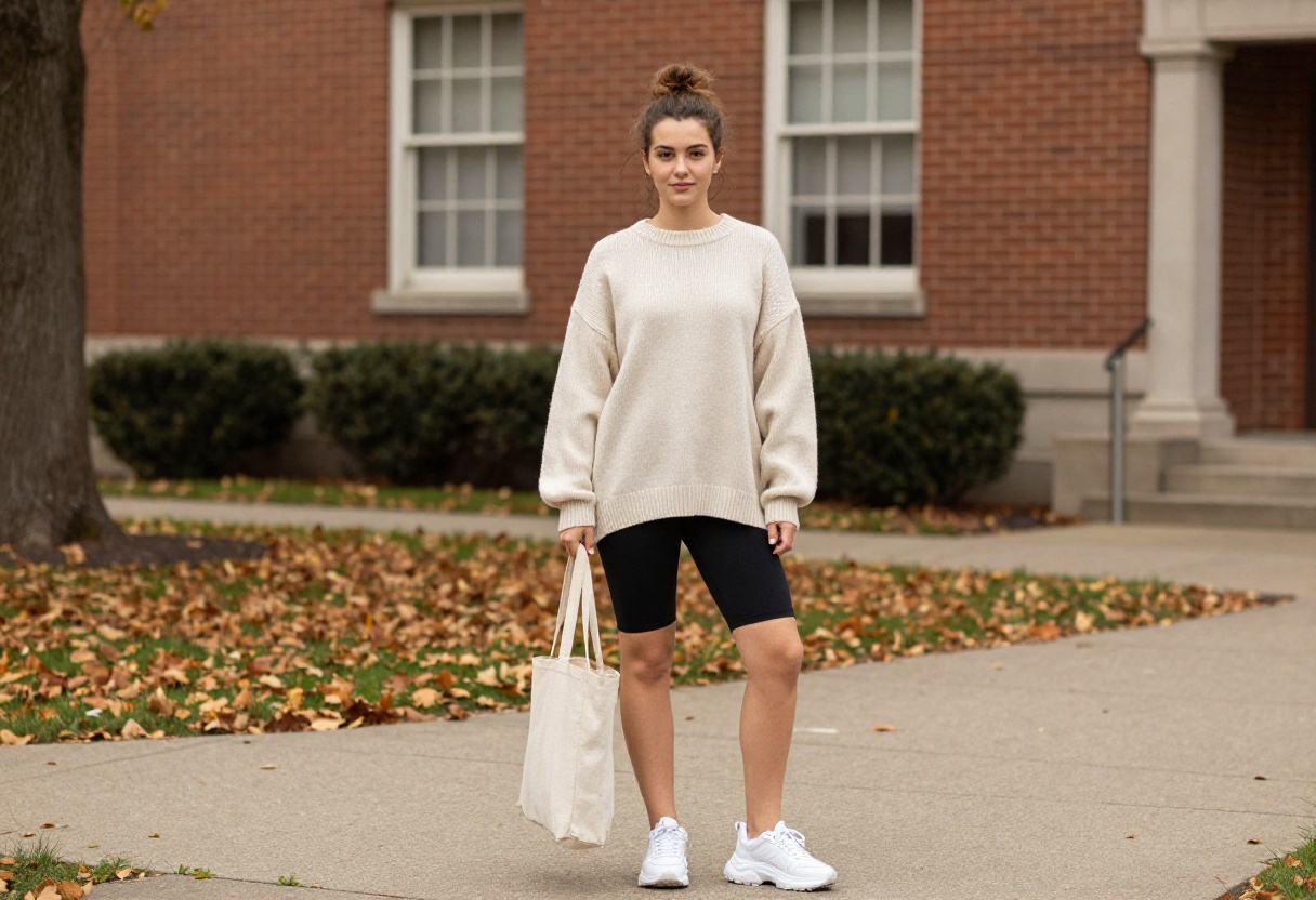 Young woman in oversized sweater and biker shorts on college campus