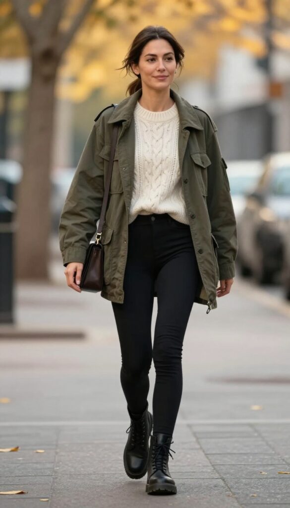 2. Olive Utility Jacket + Chunky Knit Sweater + Black Leggings + Combat Boots