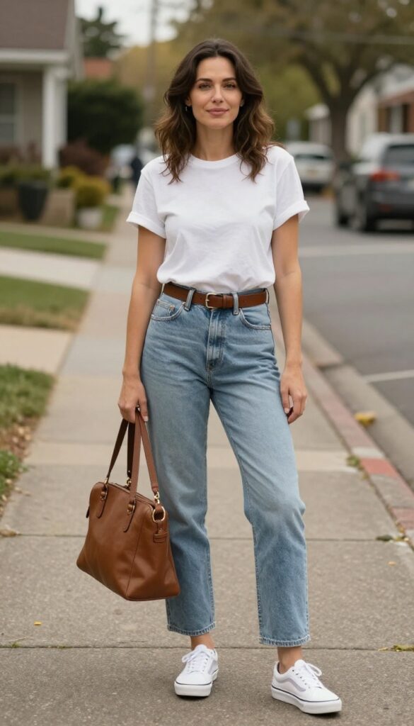 1. High-Waisted Jeans + Fitted T-Shirt + Slip-On Sneakers
