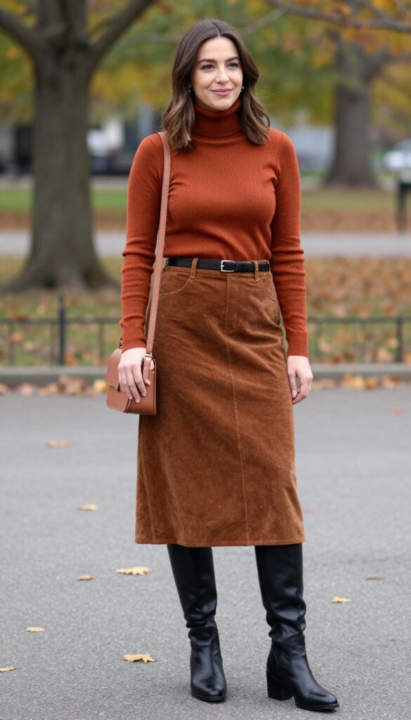 2. Turtleneck Sweater + Corduroy Skirt + Knee-High Boots
