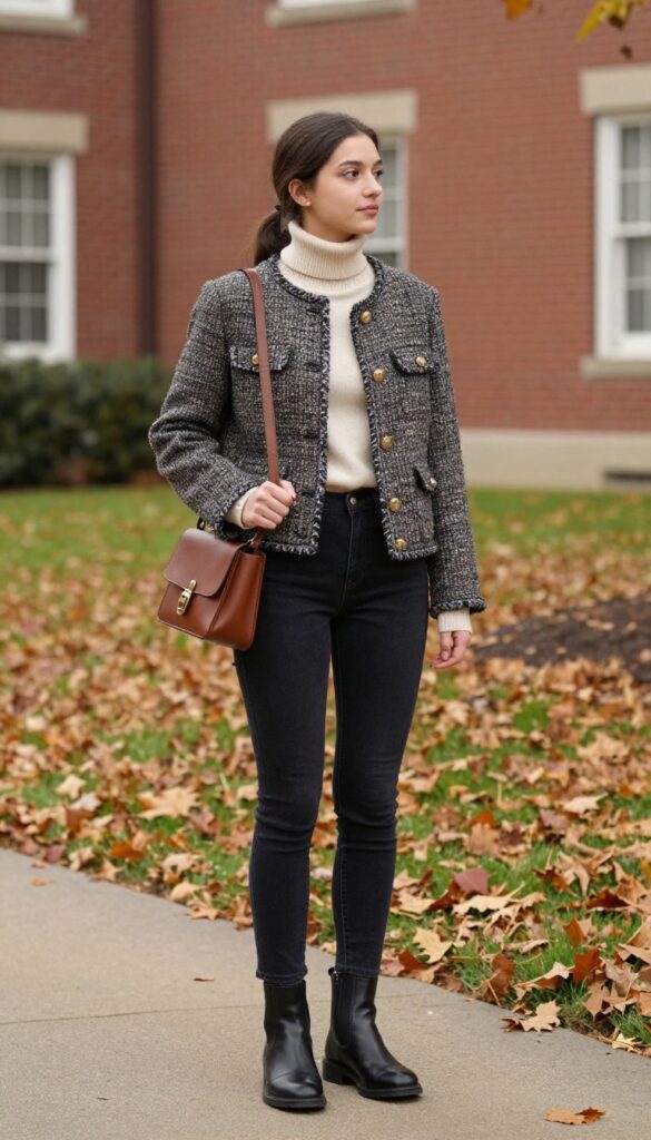 9. The Tweed Jacket and Dark Wash Jeans