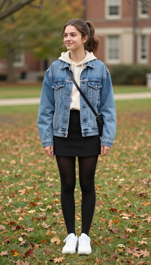 3. Hoodie + Denim Jacket + Mini Skirt + Tights