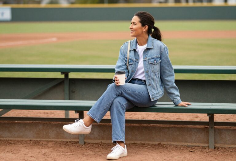 Smiling woman in jeans and denim jacket sitting on bleachers at a softball field