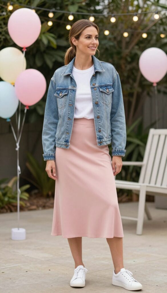 5. Light Wash Denim Jacket Over a White Tee and Midi Skirt
