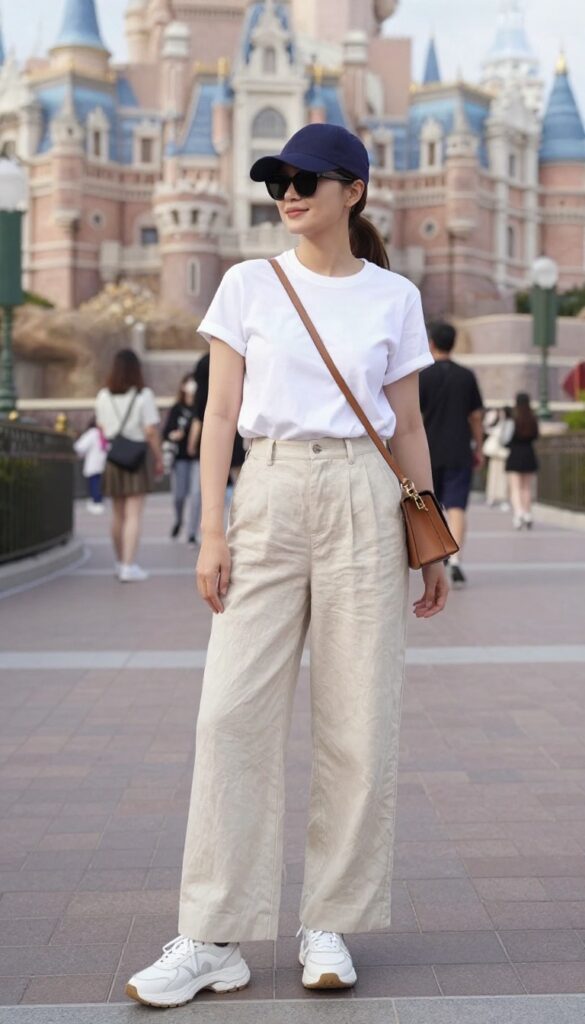 5. Wide-Leg Pants + Fitted Tee + Fashion Sneakers