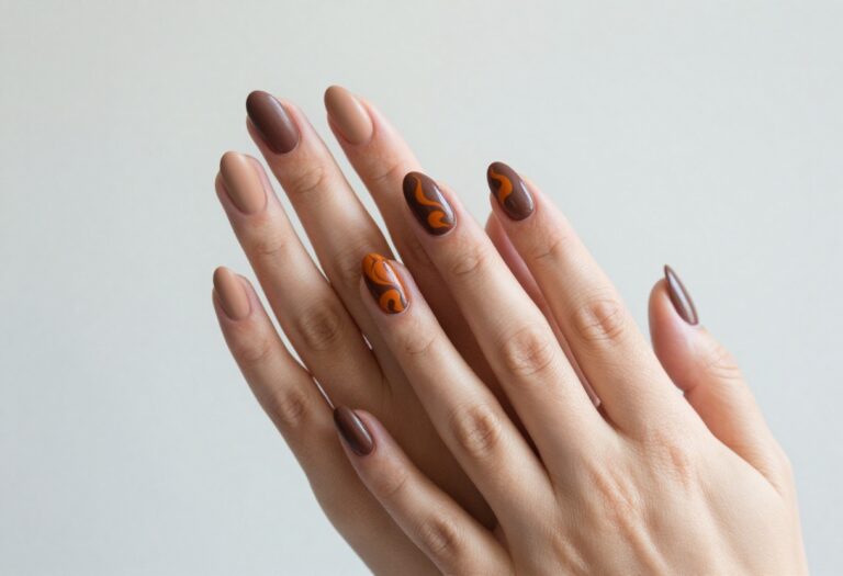 Almond nails with chocolate and burnt orange swirl design for fall