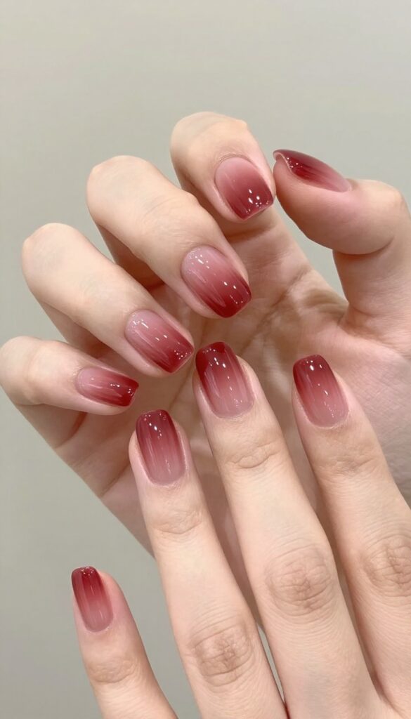 Cranberry glass nails with glossy jelly finish on almond-shaped nails
