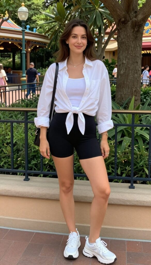 7. Bike Shorts + Oversized Button-Down + Dad Sneakers