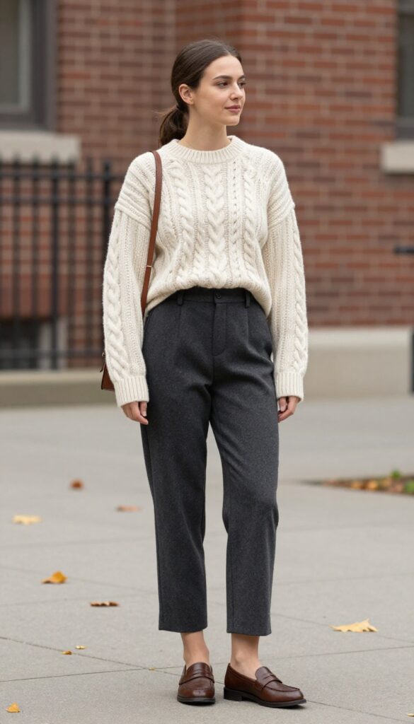 15. Cable-Knit Sweater and Wool Trousers
