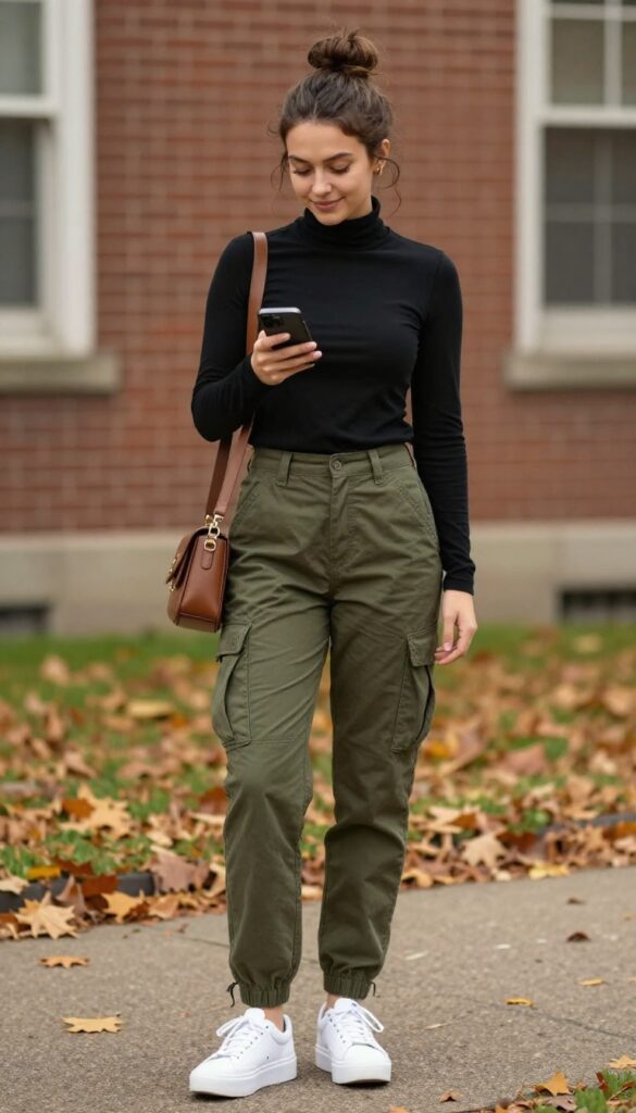 6. Cargo Pants with a Fitted Turtleneck and Platform Sneakers