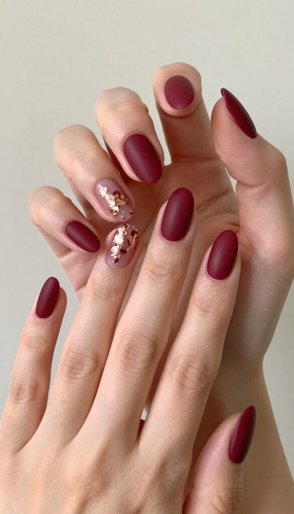 Cranberry nails with rose gold foil accents on ring finger