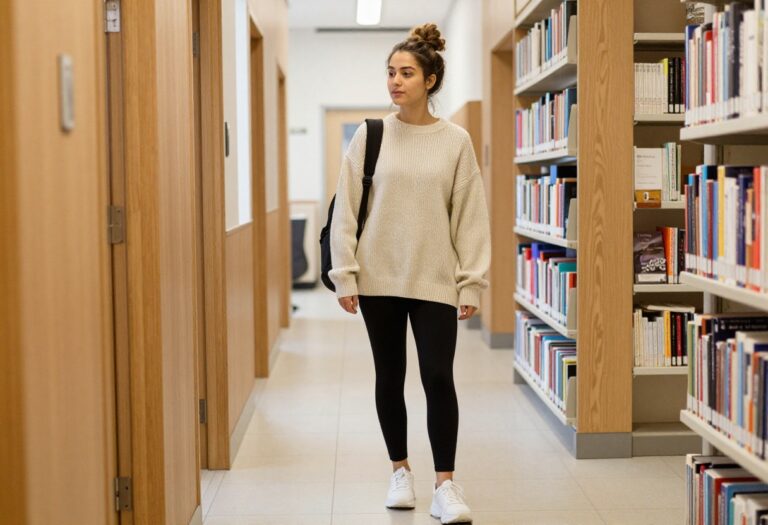 Woman in oversized sweater and leggings with backpack in school hallway